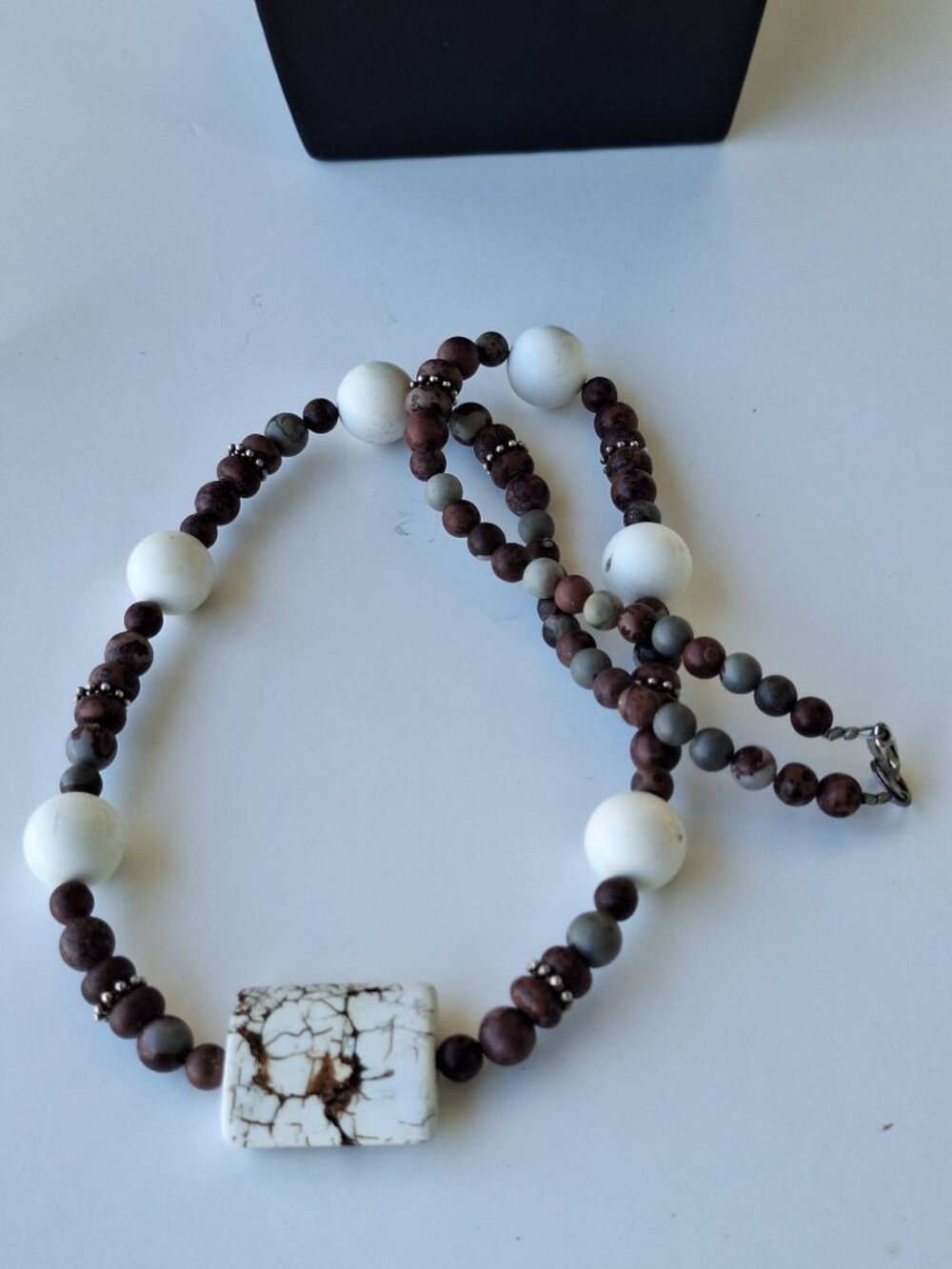 White Howlite Picasso Jasper Bead Necklace Rectangular Stone Focal Block Southwe